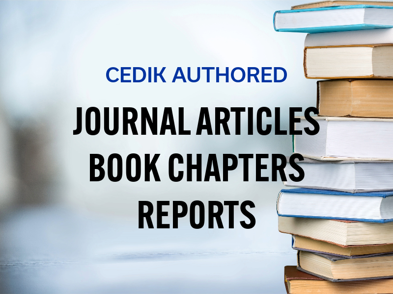photo of stack of books with text overlay "CEDIK authored journal articles book chapters reports"