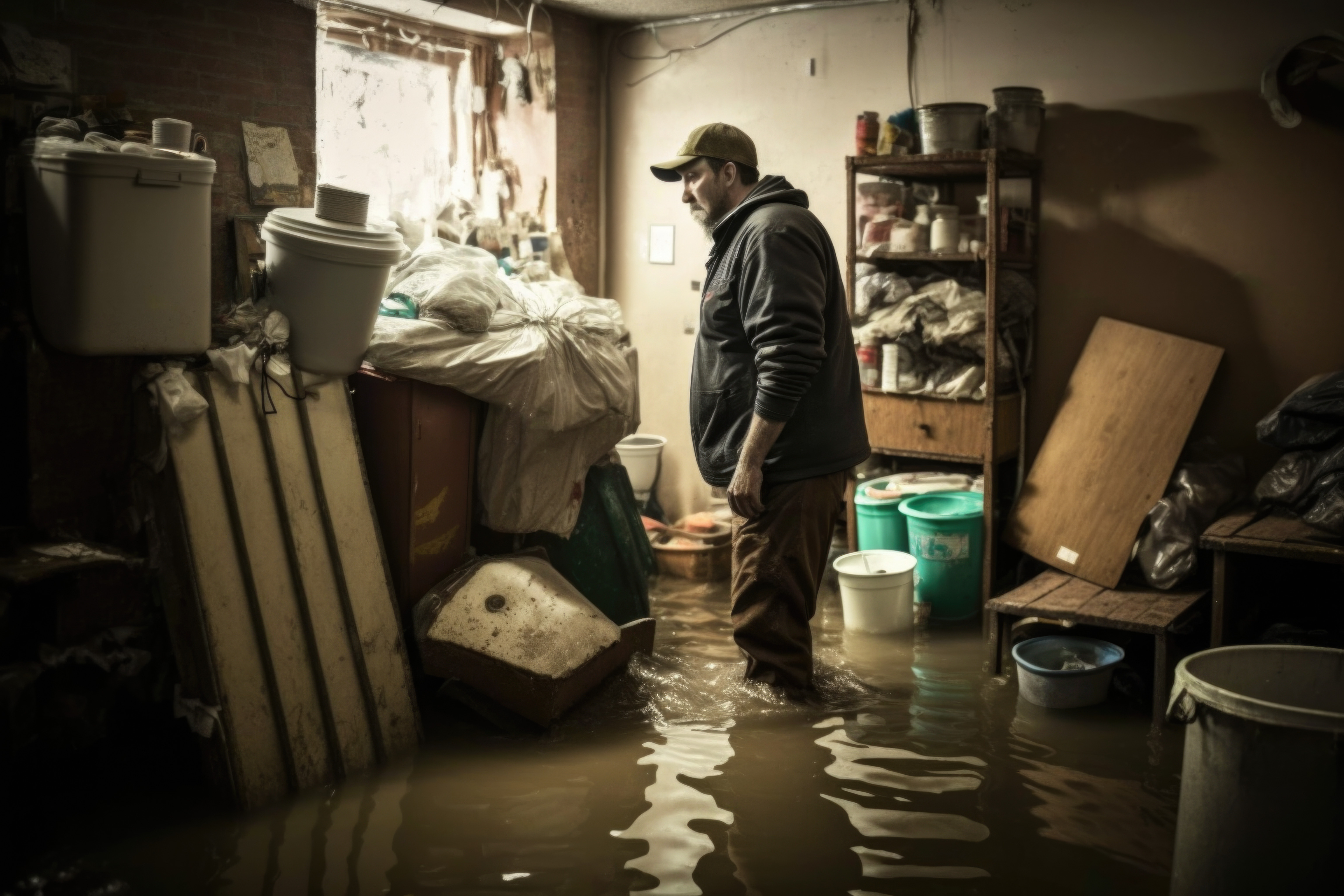 man standing in flooded room salvage