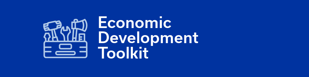 "Economic Development Toolkit" text with toolbox icon on blue background