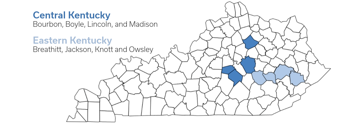 County map of Kentucky with eight study counties highlighted