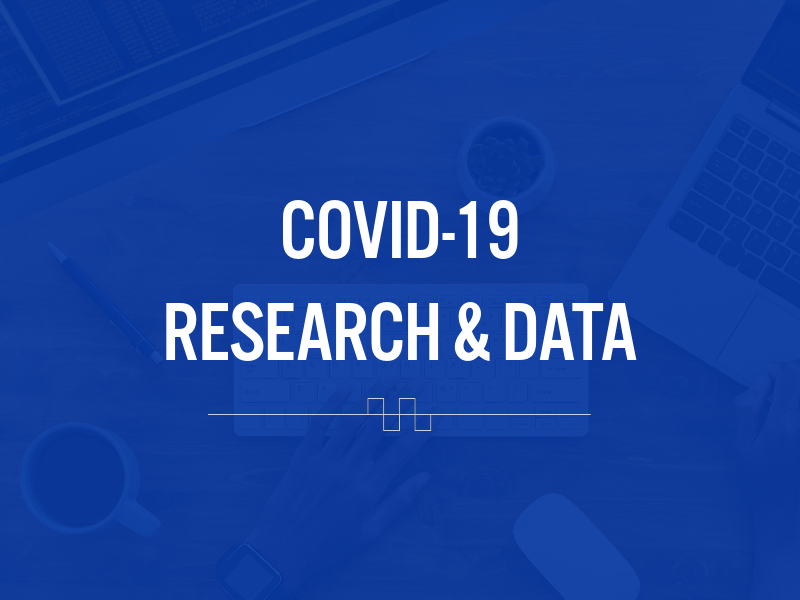 Covid-19 research and data text overlaid on blue background