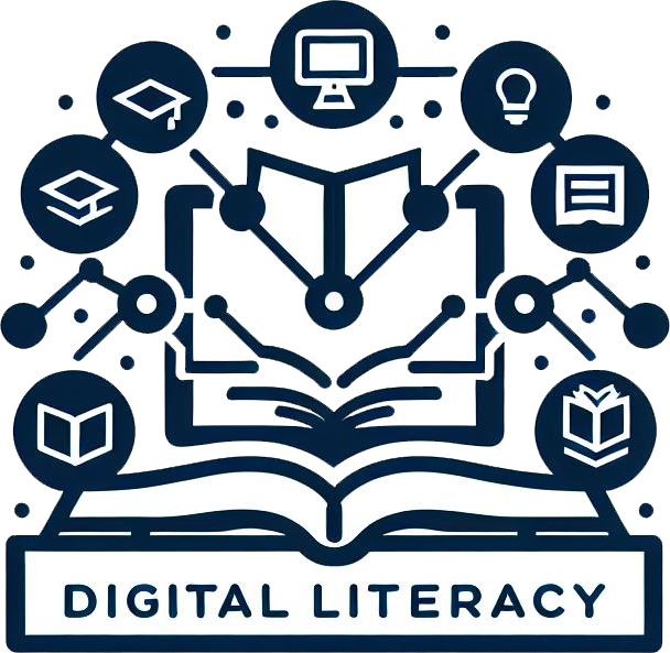 digital literacy graphic of open book and computer screen