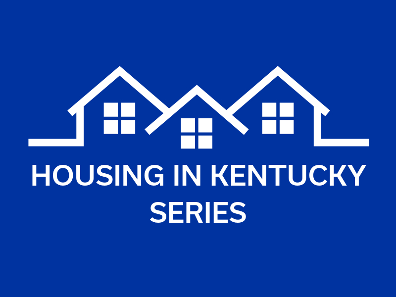 icon of three blue houses with text "housing in Kentucky series"