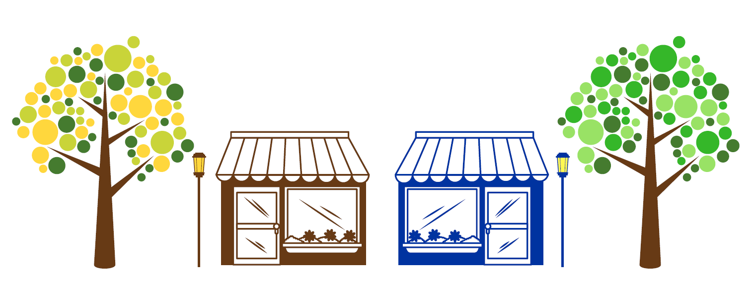 icon set of two storefronts with trees and lamp posts