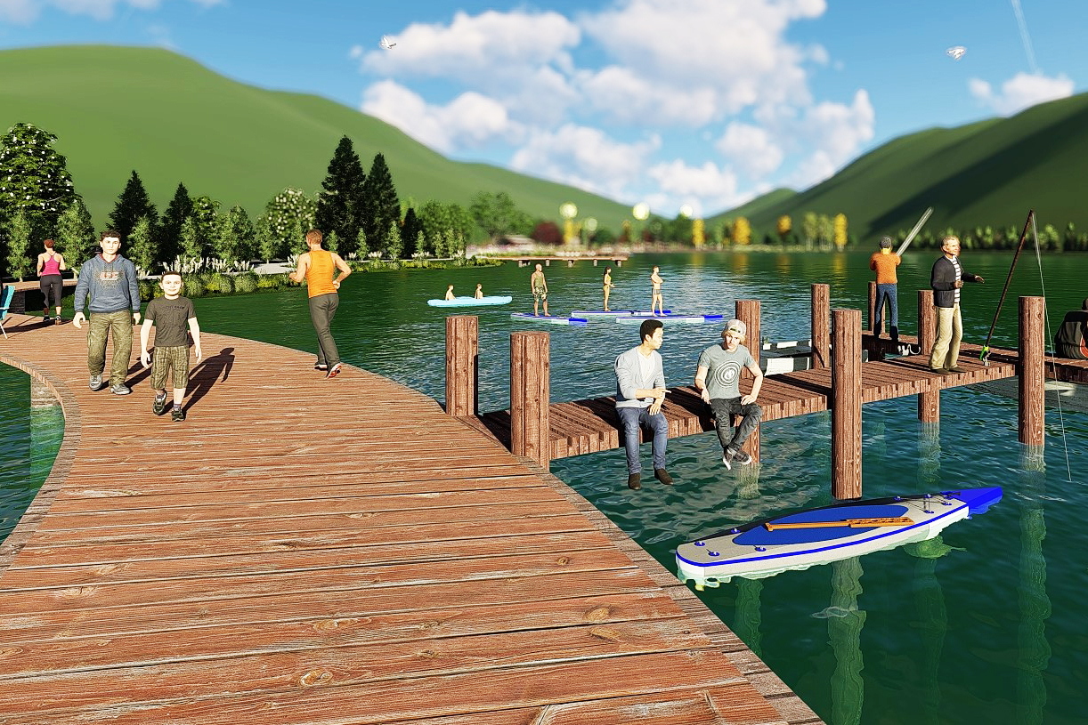 Community design graphic visualization of people on a lake dock