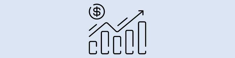 icon of bar chart with arrow moving up and to the right and dollar sign