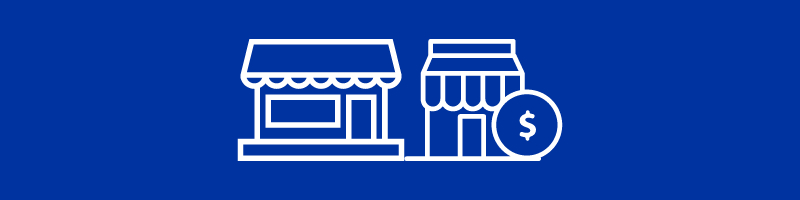 icon set of two building storefronts and dollar sign