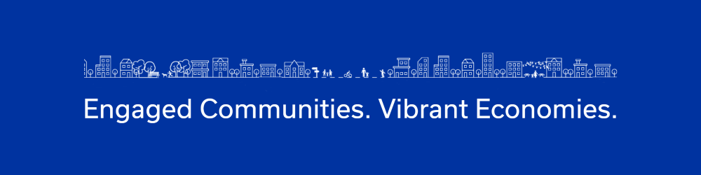 "engaged communites. vibrant economies." text with icon set of streetscape